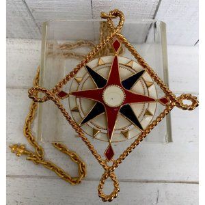 Rare VTG  Coro Sig Line Vendome Nautical Compass Pendant NeckLace Enamel MOD 60s